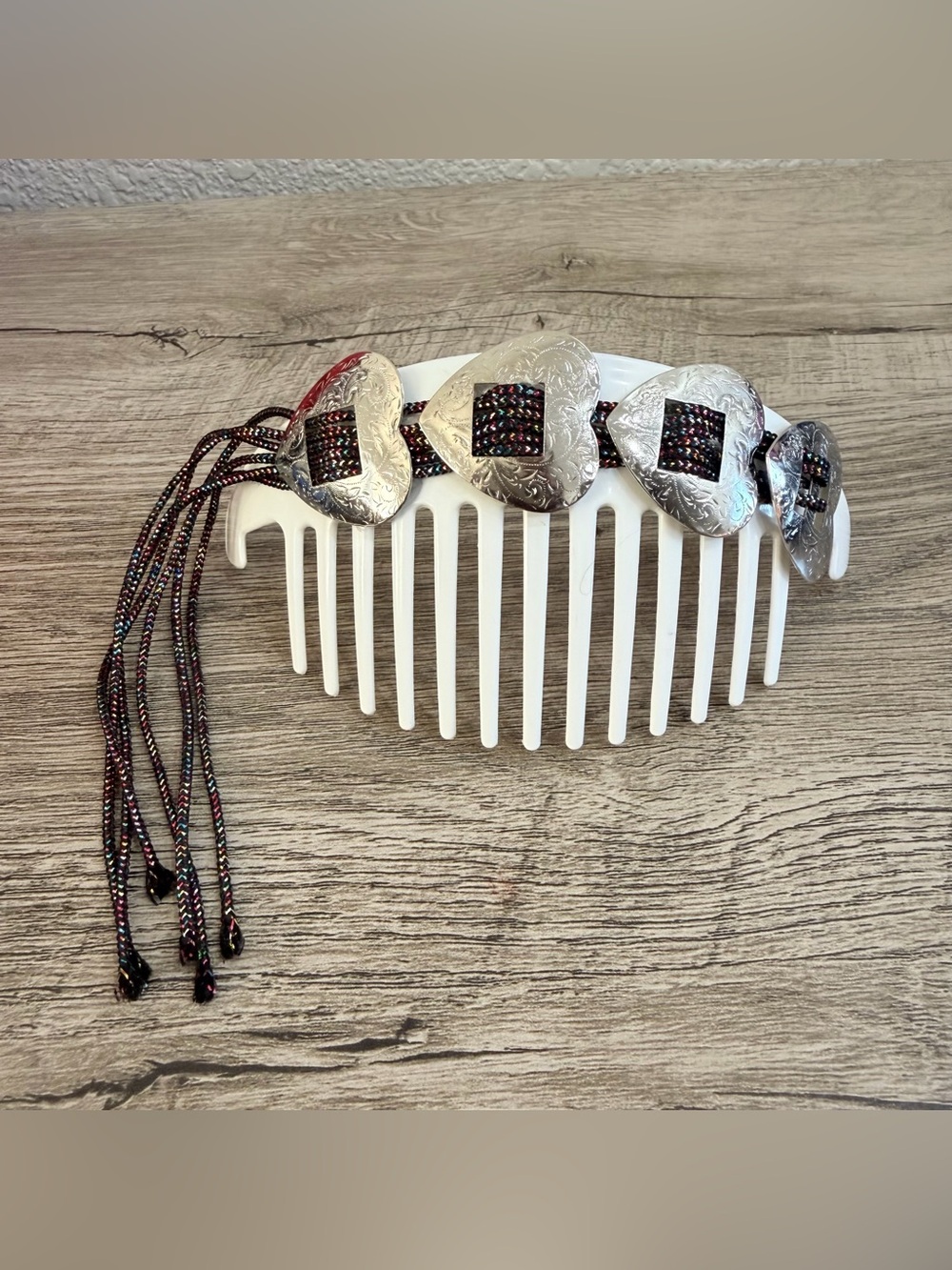 Vintage GOODY TZERS Hair Cincher Clip Comb‎ Large Colorful Silver Tone Hearts